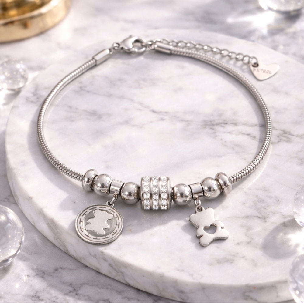 18K White Gold Plated Bear Charm Bracelet with Rhinestones Beads Trendy Gift